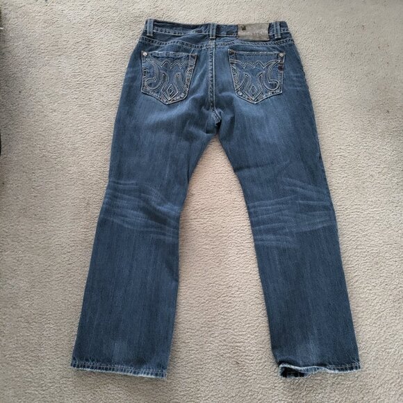 MEK Denim Osaka Jeans 36x32 Blue Straight Bootcut Distressed Button Fly GUC - Picture 2 of 7
